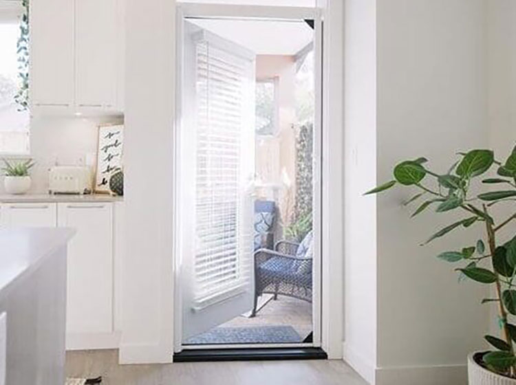 Retractable mesh lock screen installed on single entry door, demonstrating seamless integration with white trim and pet-safe design