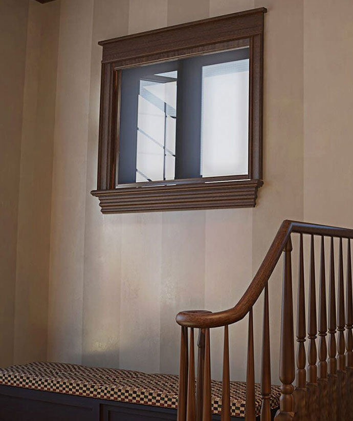 Wood-framed window with retractable screen installed beside wooden staircase and decorative bench seating