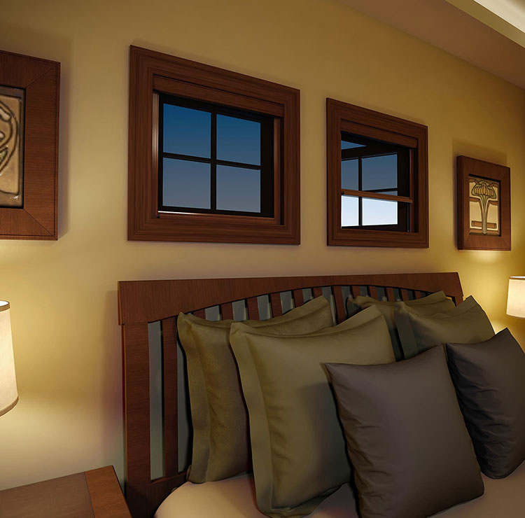 Cozy bedroom with craftsman-style wood trim, featuring warm lighting and decorative wall art above cushioned headboard